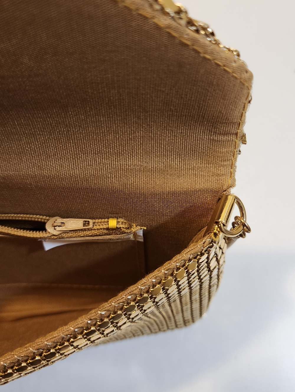 Gold Metallic Mesh Satchel Bag With Long Strap - Picture 12 of 14